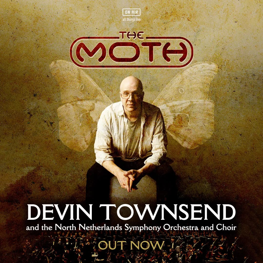 Advertisement for Devin Townsend's live stream with the North Netherlands Symphony Orchestra and Choir on 28th March, featuring a moth graphic.