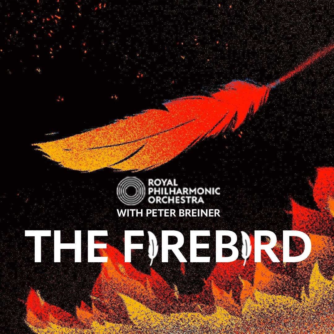 Cover art featuring a red and yellow feather above stylized flames for "The Firebird" by the Royal Philharmonic Orchestra with Peter Breiner.