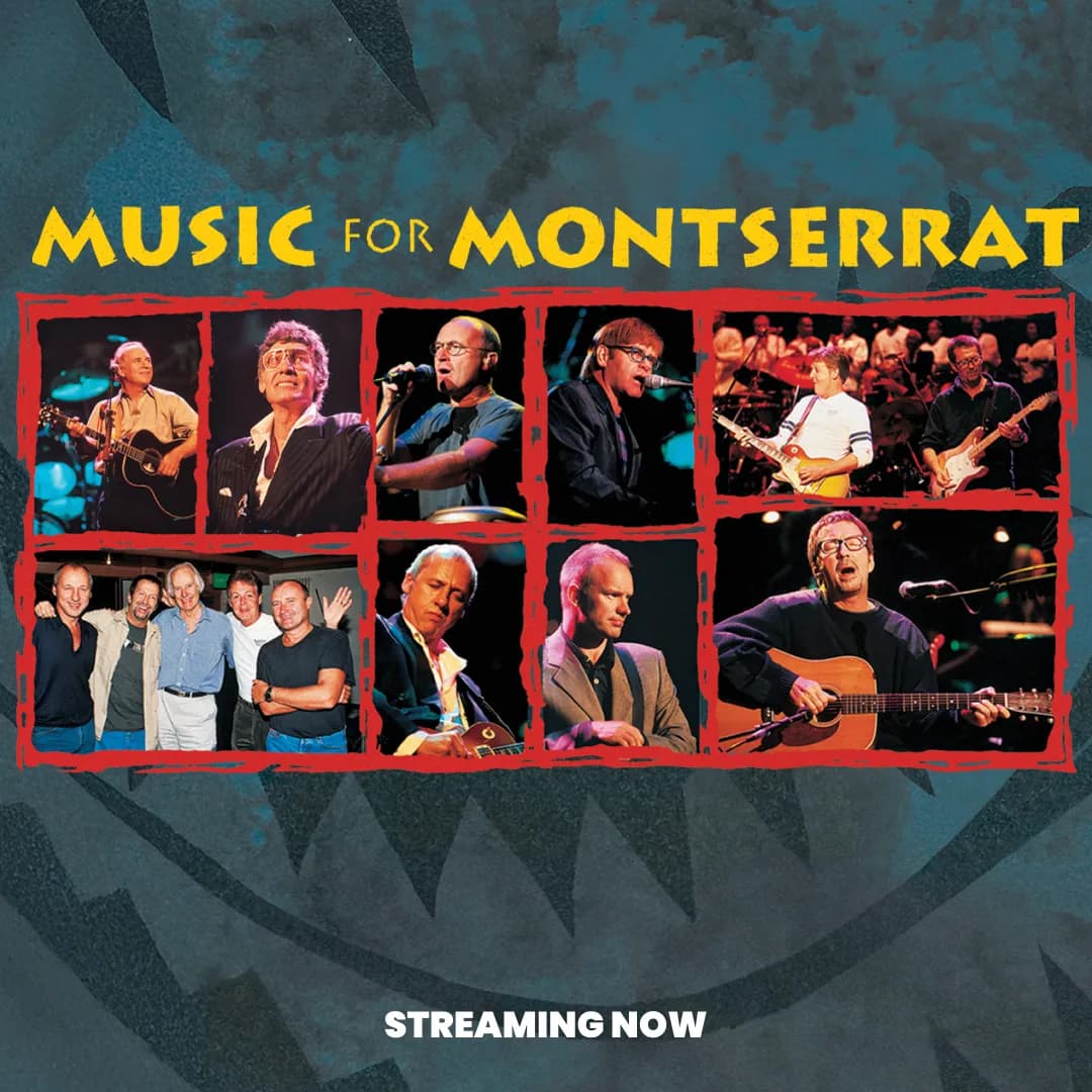 A collage of musicians performing on stage with the text "Music for Montserrat" above and "Streaming Now" below.