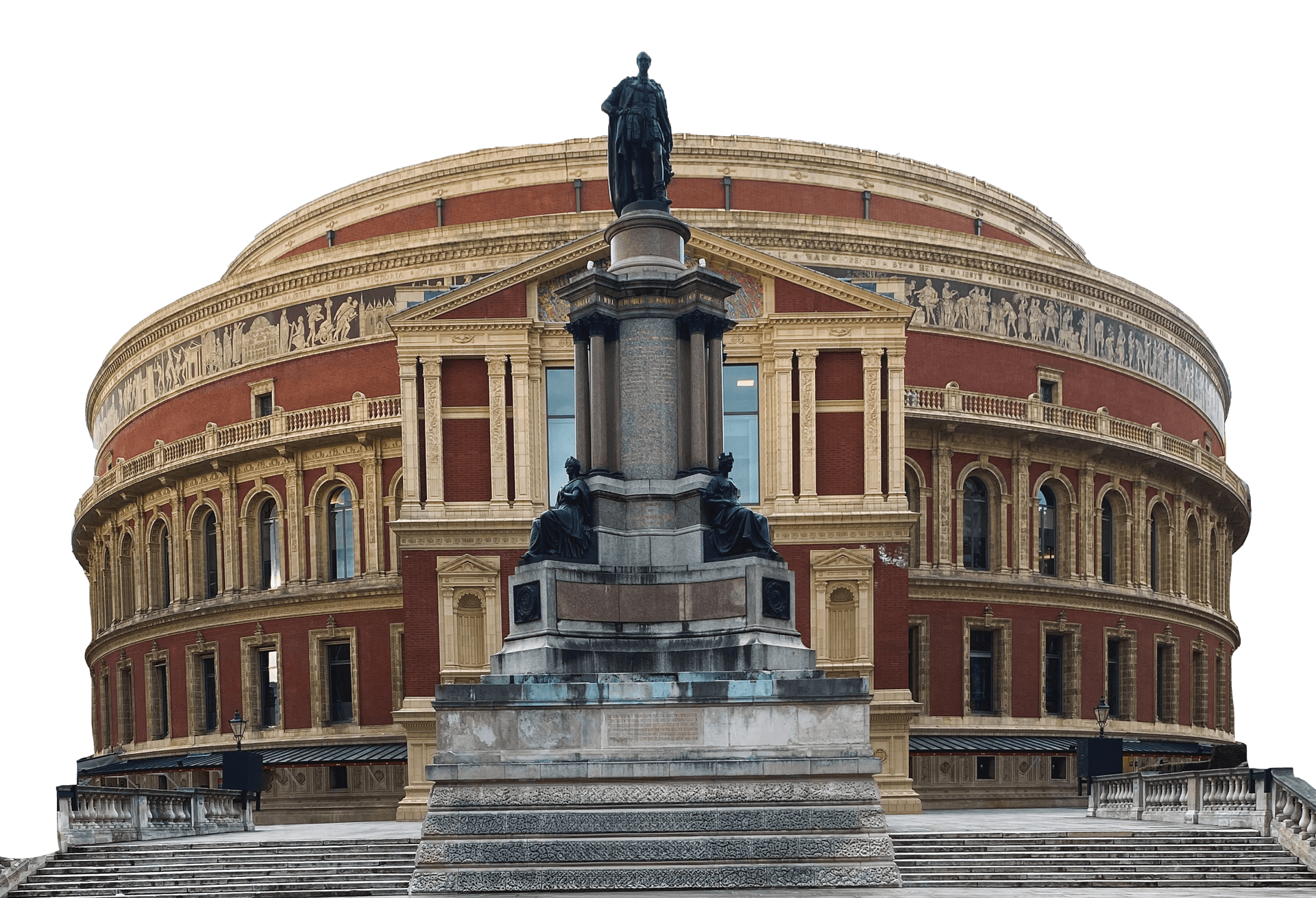 Royal Albert Hall with decorative arches and columns, featuring a prominent statue in the foreground.