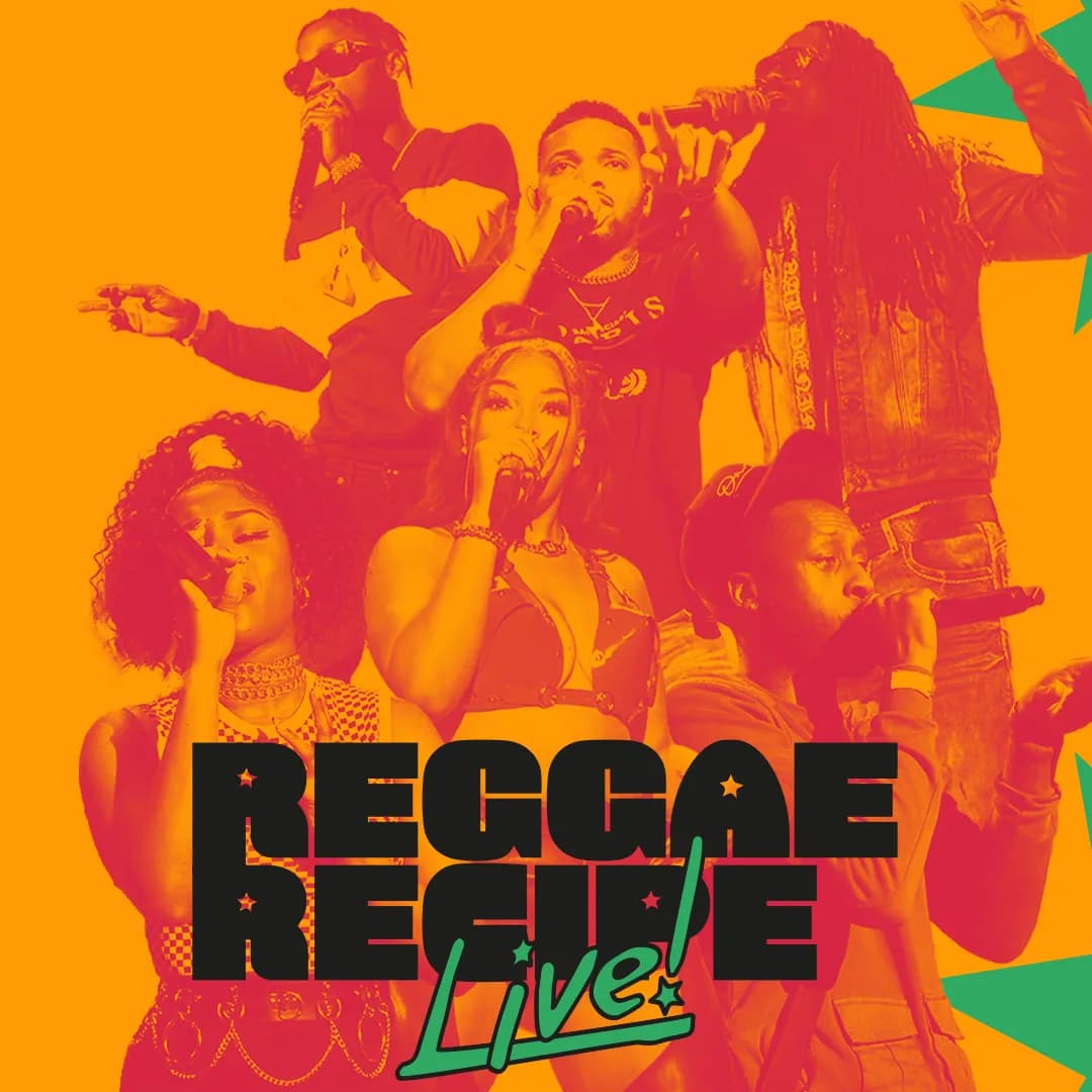 A collage of six performers singing into microphones, with "Reggae Reggae Live!" written at the bottom in bold letters. The image has an orange and green color scheme.