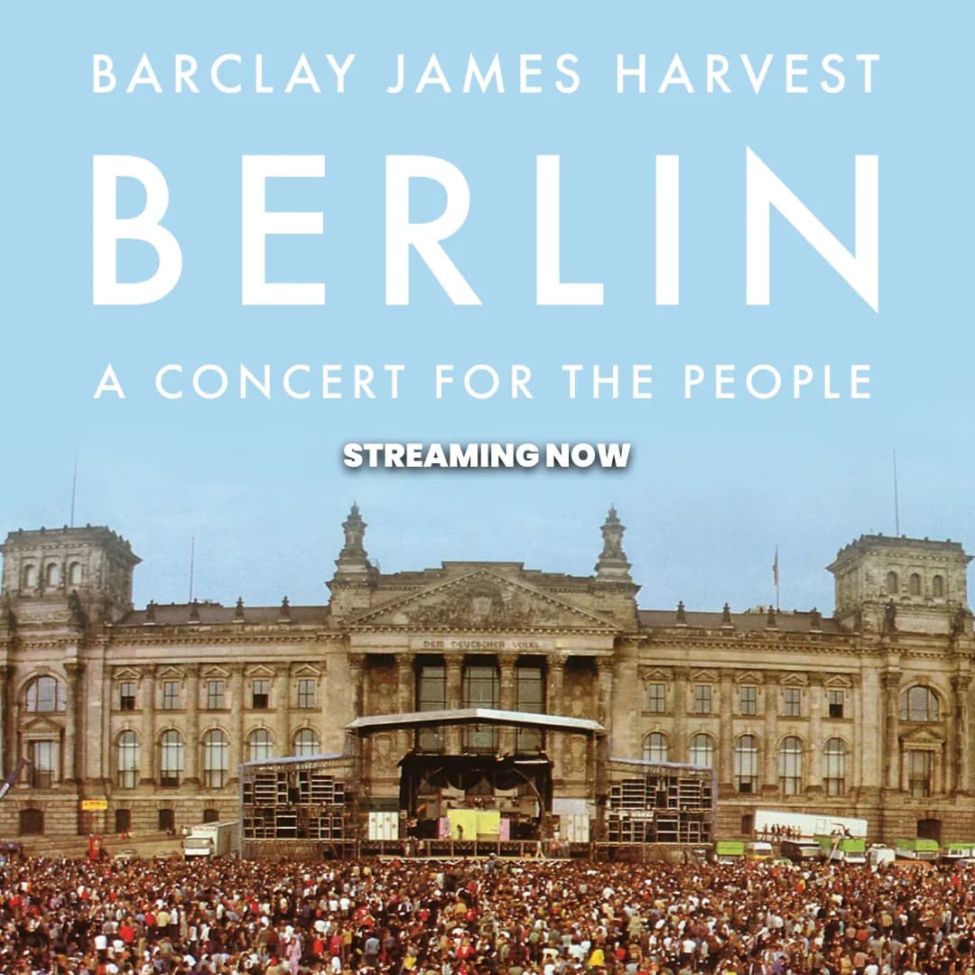 Cover image of Barclay James Harvest's "Berlin: A Concert for the People," showing a large crowd gathered in front of a historic building.