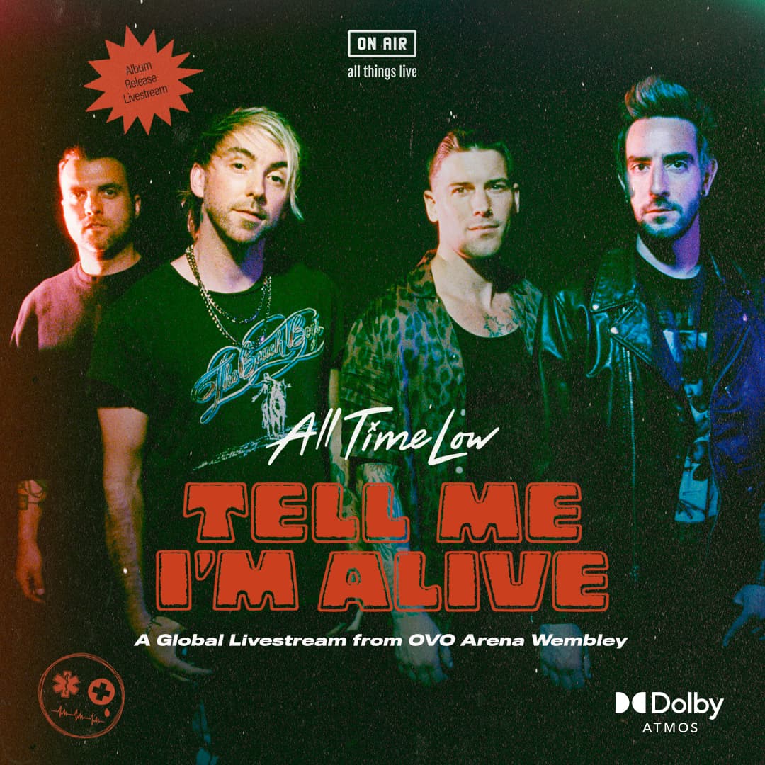 All Time Low live stream artwork in a square dimension featuring all 4 members of the band stood in a line under multi-coloured lights