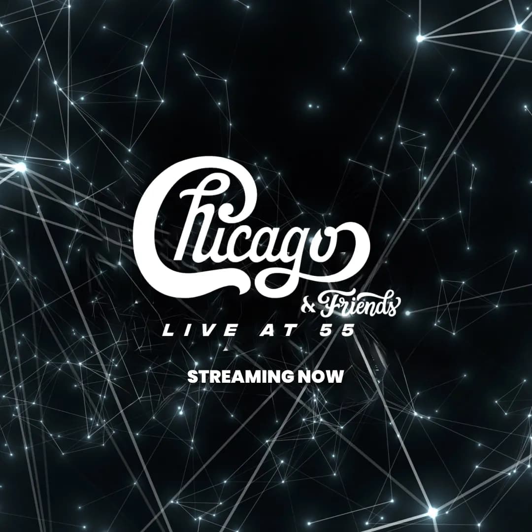 Chicago singer performing in a gold sequin jacket with "Chicago & Friends: Live at 55" text above and "Streaming Now" below.